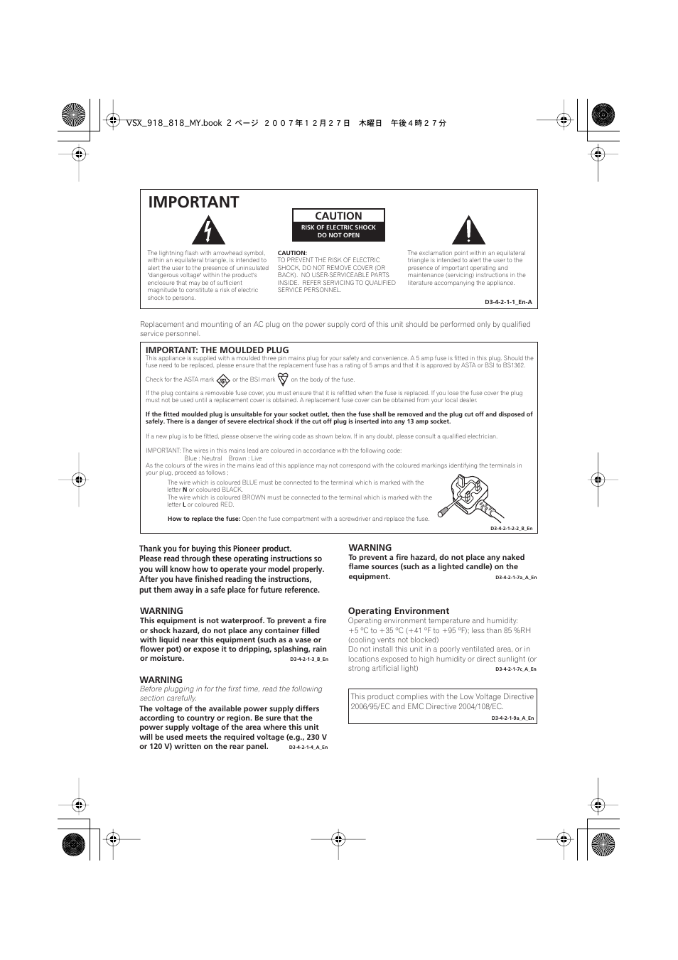 Important, Caution | Pioneer VSX-818V-K User Manual | Page 2 / 73