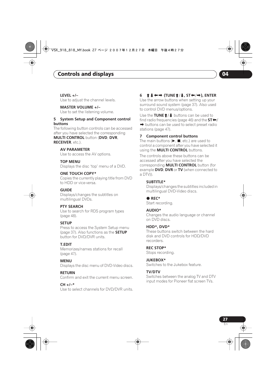 Controls and displays 04 | Pioneer VSX-818V-K User Manual | Page 27 / 73