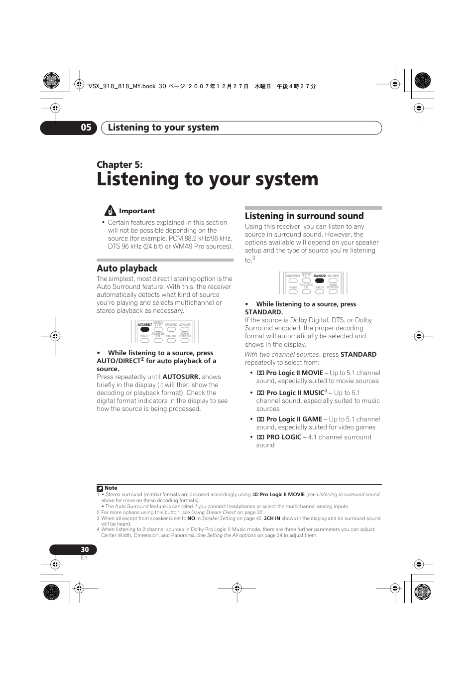 Auto playback, Listening in surround sound, Listening to your system | Listening to your system 05, Chapter 5 | Pioneer VSX-818V-K User Manual | Page 30 / 73