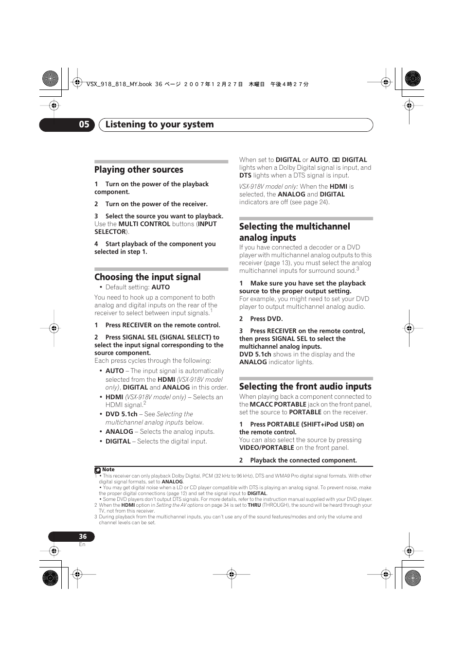 Playing other sources, Choosing the input signal, Selecting the multichannel analog inputs | Selecting the front audio inputs, Listening to your system 05 | Pioneer VSX-818V-K User Manual | Page 36 / 73