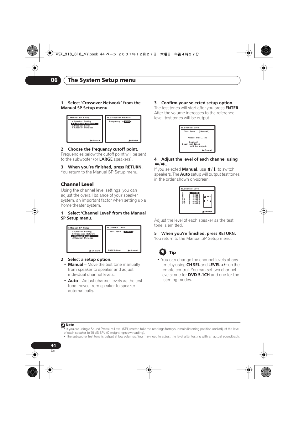 Channel level, The system setup menu 06 | Pioneer VSX-818V-K User Manual | Page 44 / 73