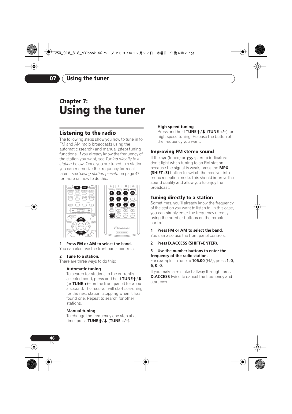Listening to the radio, Improving fm stereo sound, Tuning directly to a station | Using the tuner, Using the tuner 07, Chapter 7 | Pioneer VSX-818V-K User Manual | Page 46 / 73