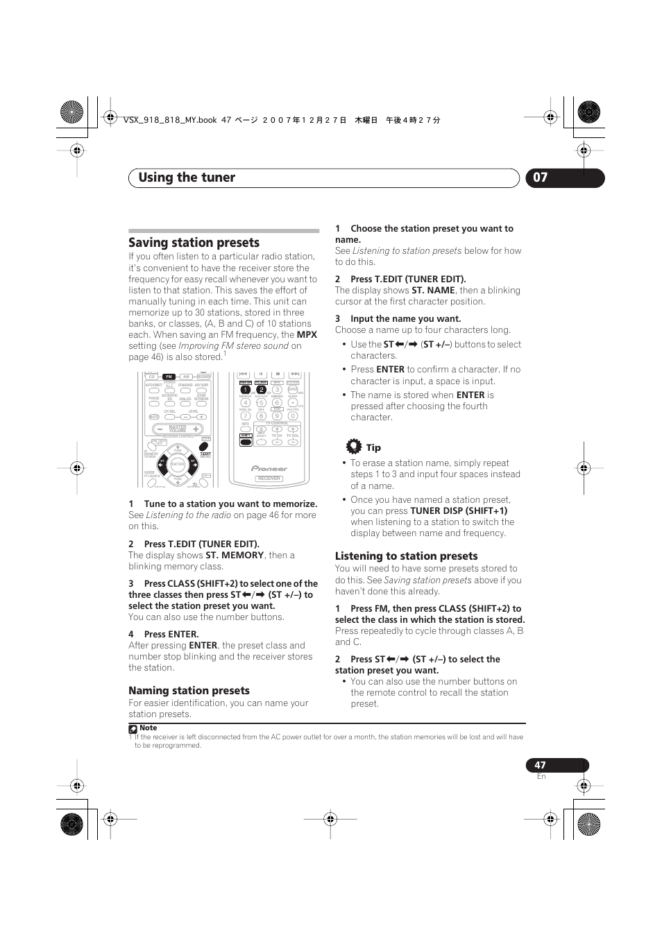 Saving station presets, Naming station presets, Listening to station presets | Using the tuner 07 | Pioneer VSX-818V-K User Manual | Page 47 / 73