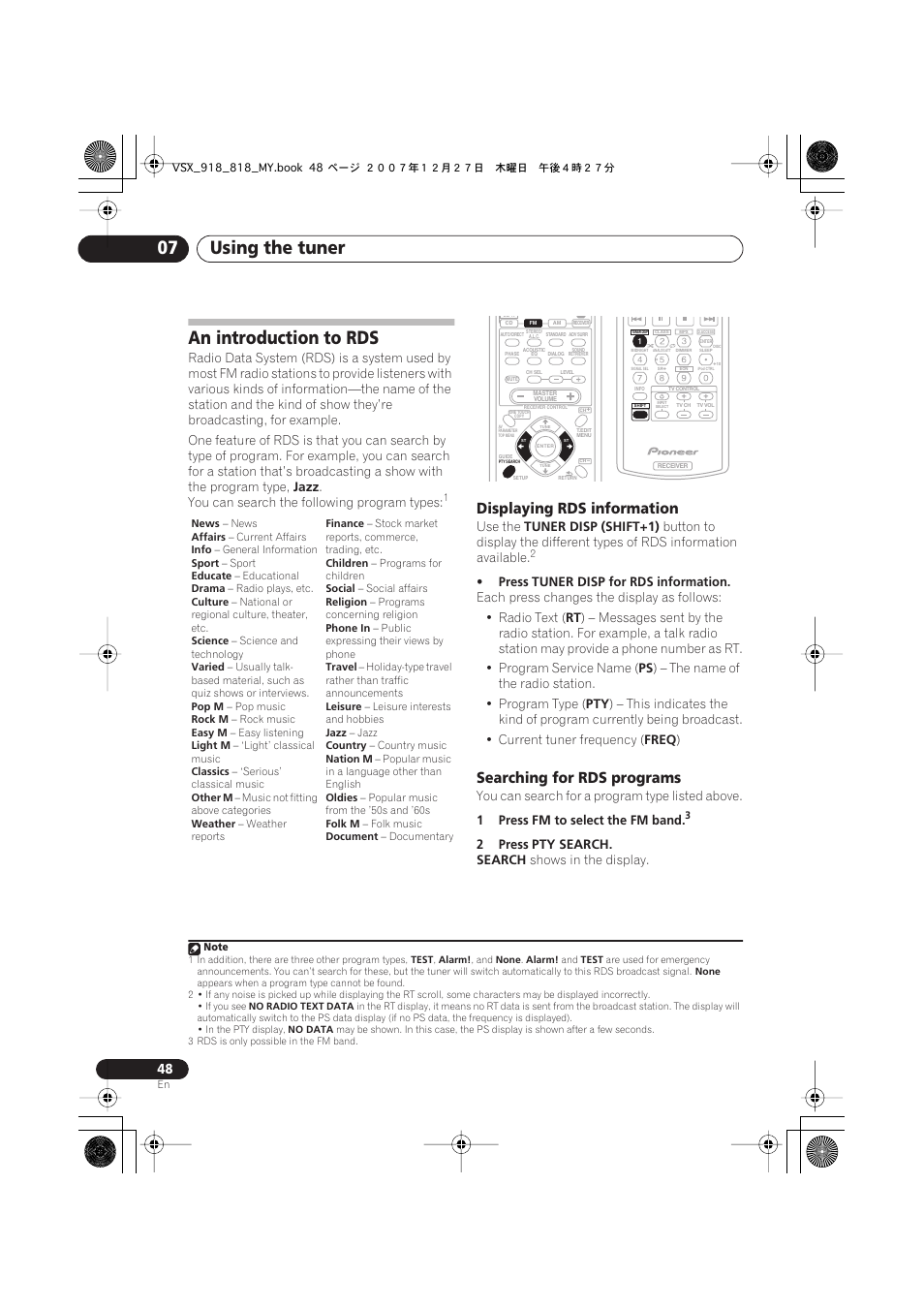 An introduction to rds, Displaying rds information, Searching for rds programs | Using the tuner 07 | Pioneer VSX-818V-K User Manual | Page 48 / 73