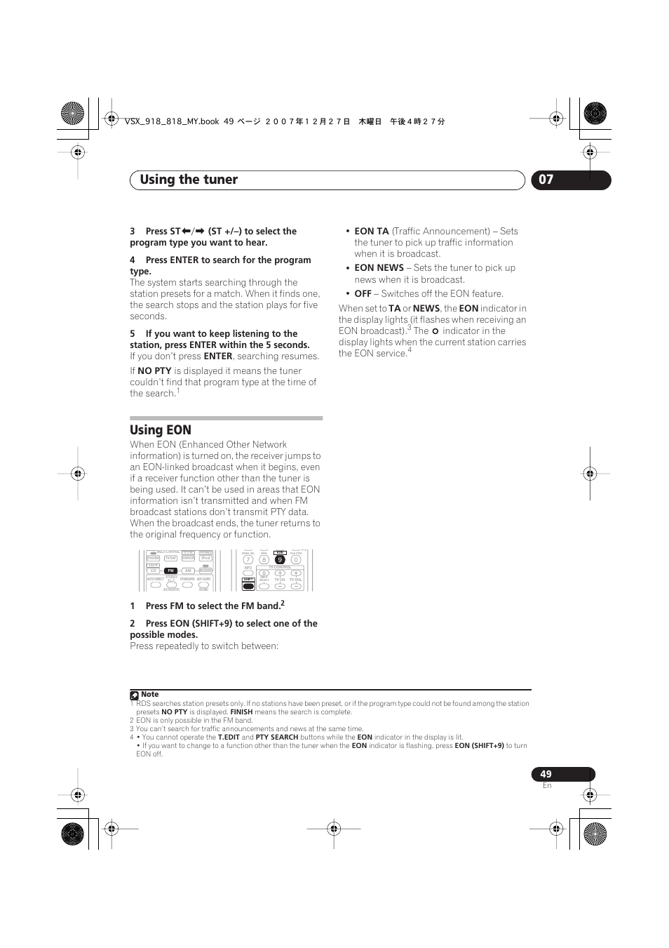 Using eon, Using the tuner 07 | Pioneer VSX-818V-K User Manual | Page 49 / 73