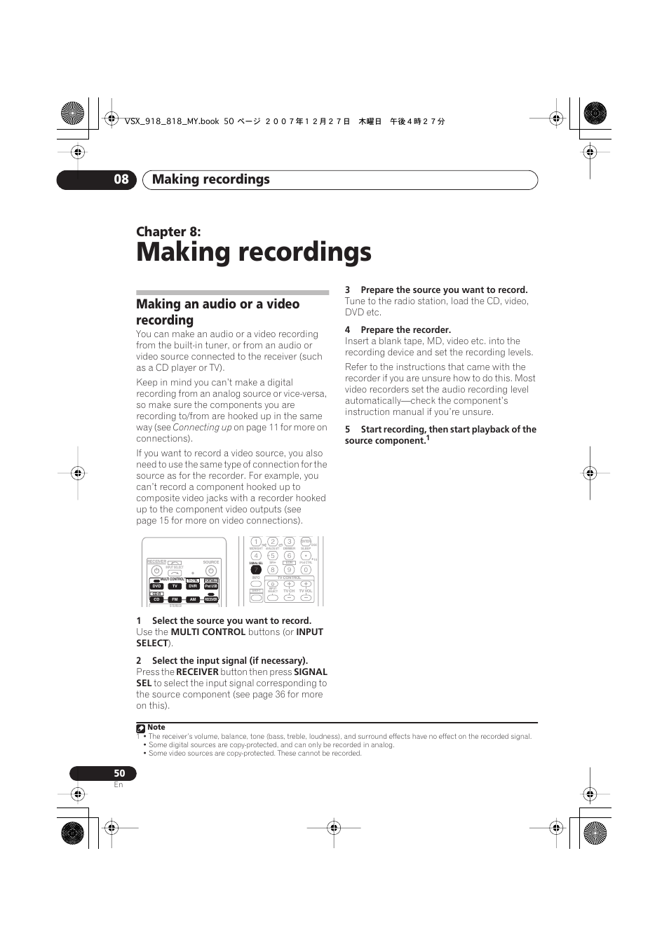 Making an audio or a video recording, Making recordings, Making recordings 08 | Chapter 8 | Pioneer VSX-818V-K User Manual | Page 50 / 73