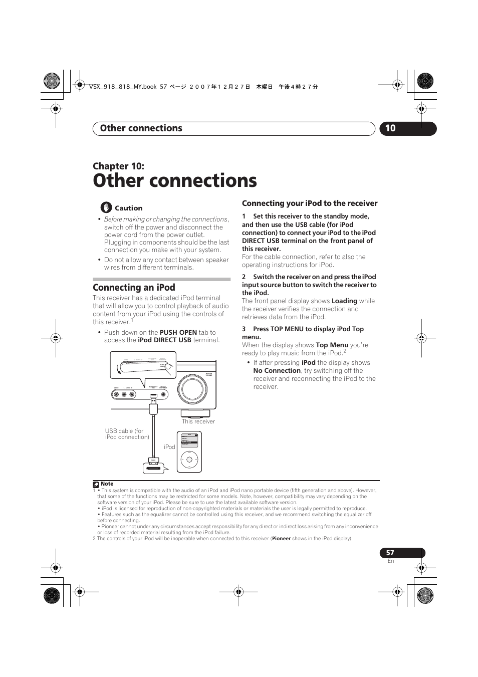 Connecting an ipod, Connecting your ipod to the receiver, Other connections | Other connections 10, Chapter 10 | Pioneer VSX-818V-K User Manual | Page 57 / 73