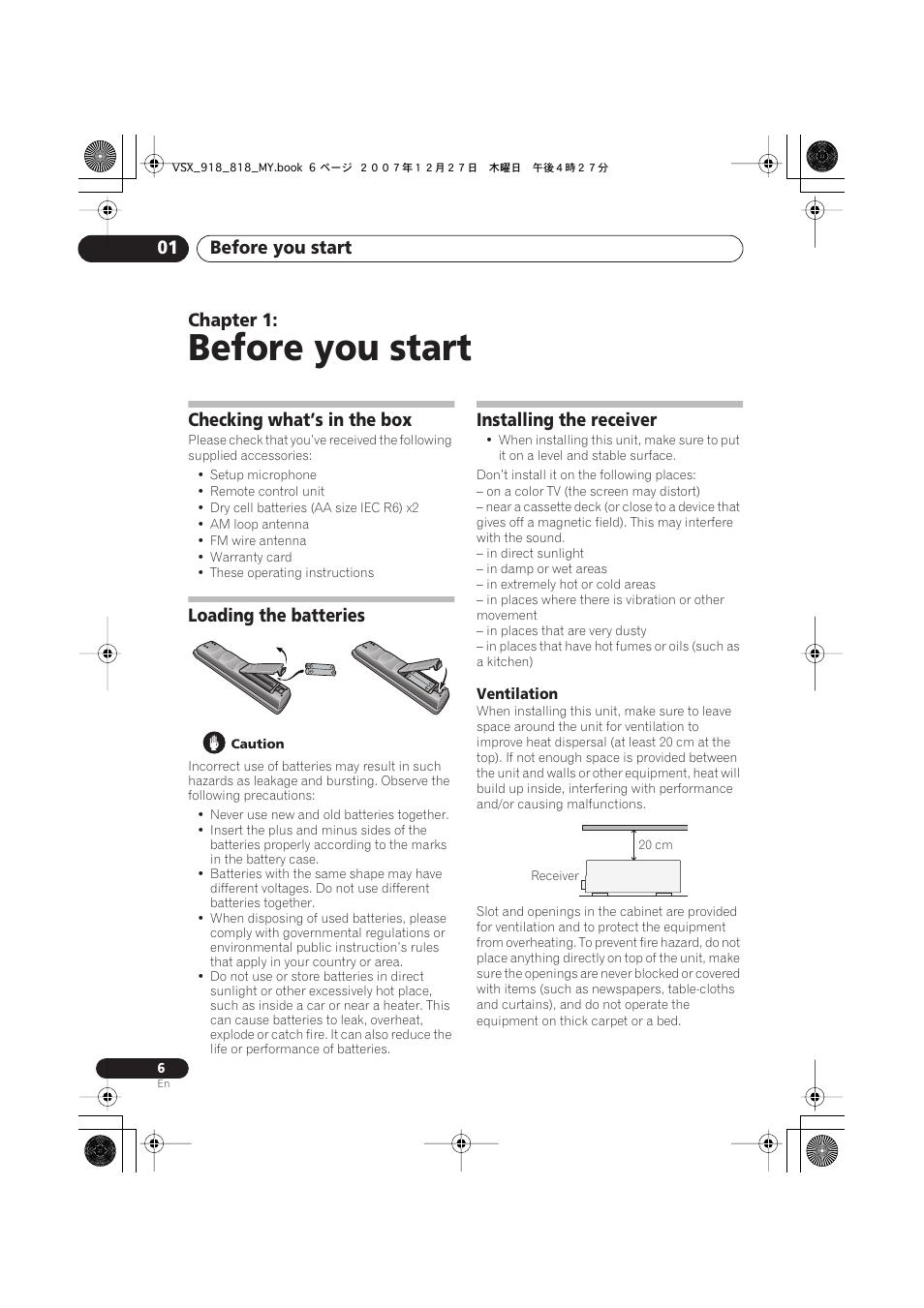 Checking what’s in the box, Loading the batteries, Installing the receiver | Ventilation, Before you start, Before you start 01, Chapter 1 | Pioneer VSX-818V-K User Manual | Page 6 / 73