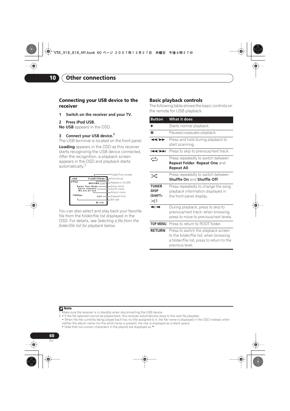 Connecting your usb device to the receiver, Basic playback controls, Other connections 10 | Pioneer VSX-818V-K User Manual | Page 60 / 73