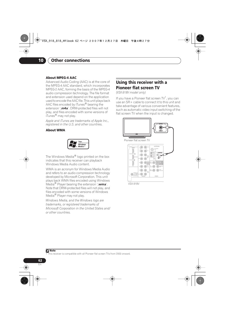 Using this receiver with a pioneer flat screen tv, Other connections 10, About mpeg-4 aac | About wma, Bearing the extension, May not play, The windows media, Player bearing the extension, Player may not play, Vsx-918v model only) | Pioneer VSX-818V-K User Manual | Page 62 / 73