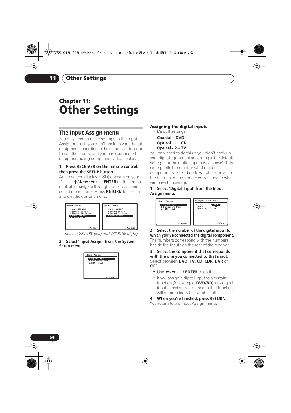 The input assign menu, Other settings, Other settings 11 | Chapter 11 | Pioneer VSX-818V-K User Manual | Page 64 / 73