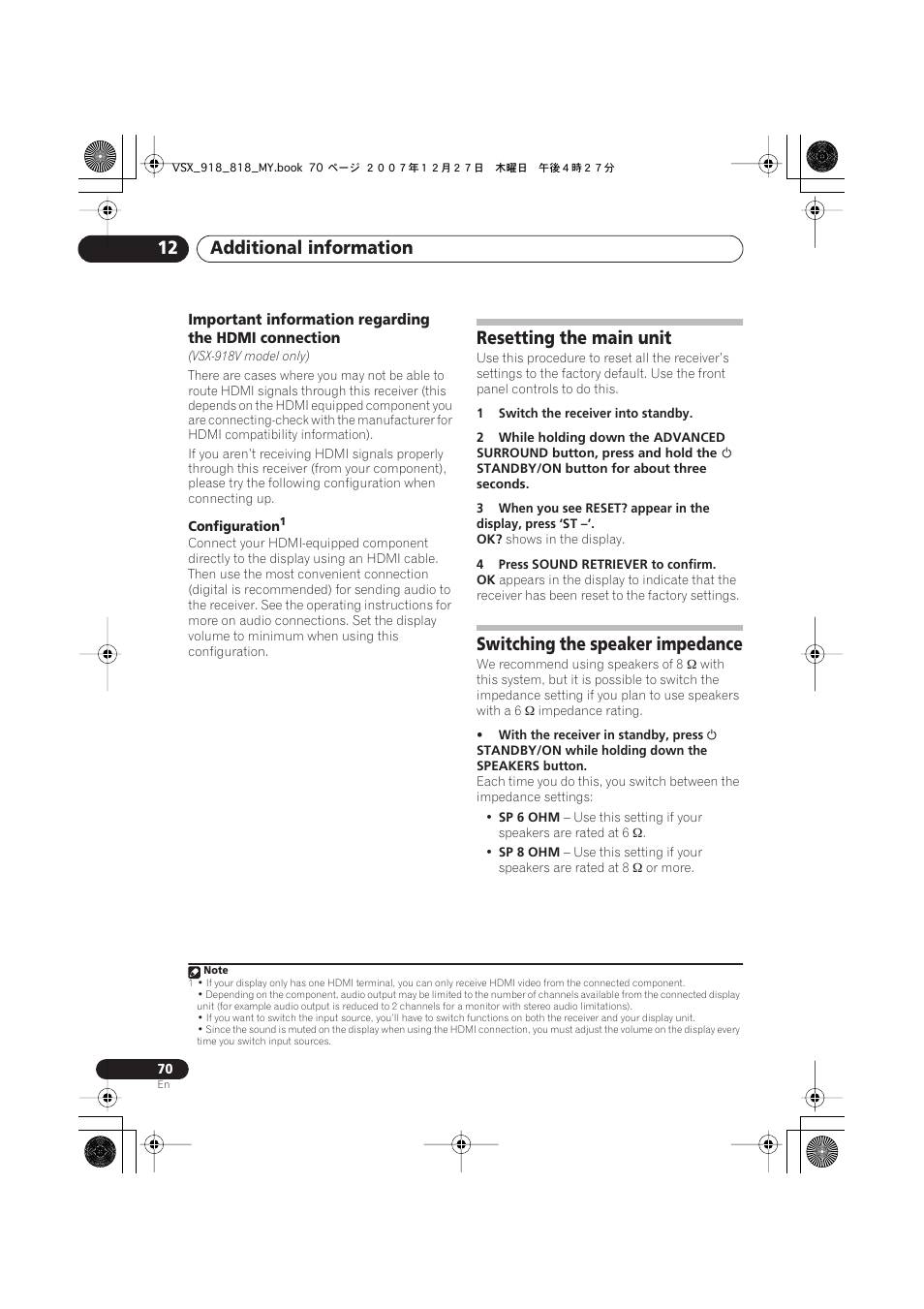 Resetting the main unit, Switching the speaker impedance, Additional information 12 | Pioneer VSX-818V-K User Manual | Page 70 / 73