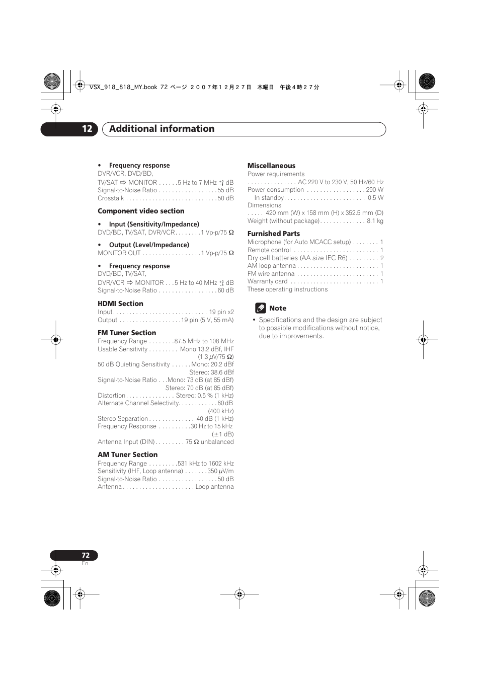 Additional information 12 | Pioneer VSX-818V-K User Manual | Page 72 / 73