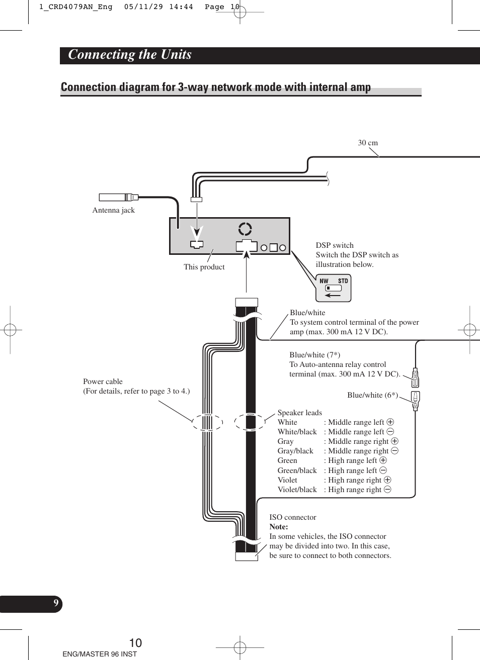 Connection diagram for 3-way network mode, With internal amp, Connecting the units | Pioneer DEH-P88RS User Manual | Page 10 / 100