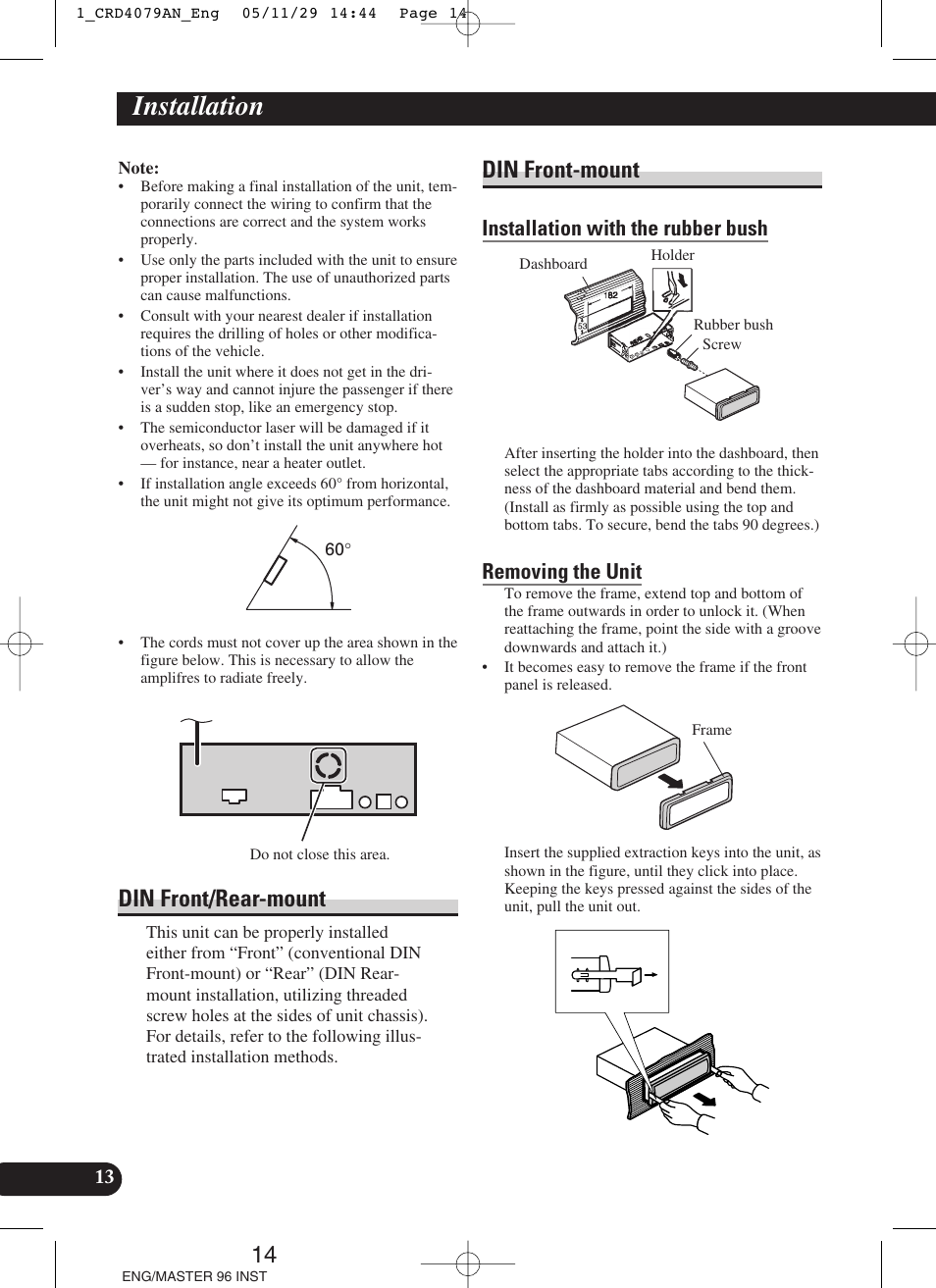 Installation, Din front/rear-mount din front-mount, Din front/rear-mount | Din front-mount, Installation with the rubber bush, Removing the unit | Pioneer DEH-P88RS User Manual | Page 14 / 100