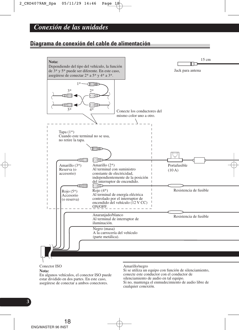 Diagrama de conexión del cable de, Alimentación, Conexión de las unidades | Diagrama de conexión del cable de alimentación | Pioneer DEH-P88RS User Manual | Page 18 / 100