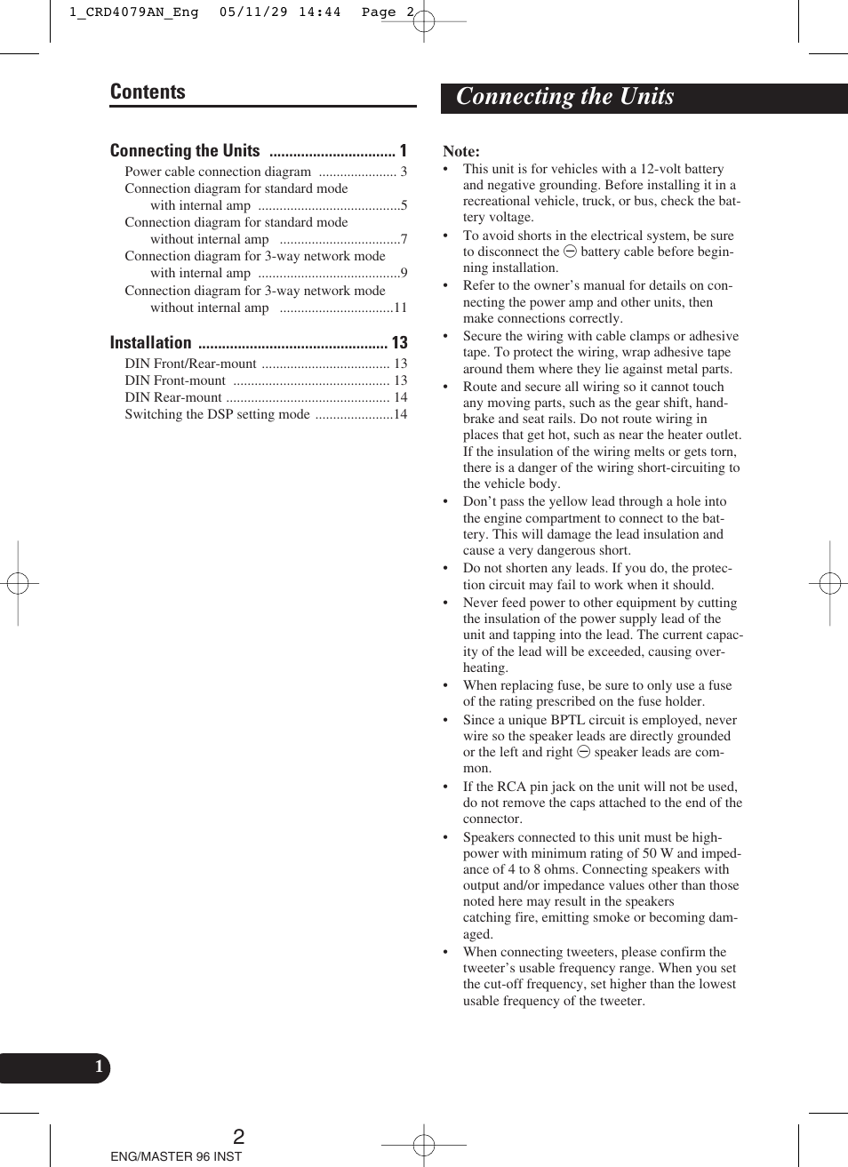 Connecting the units, 2contents | Pioneer DEH-P88RS User Manual | Page 2 / 100