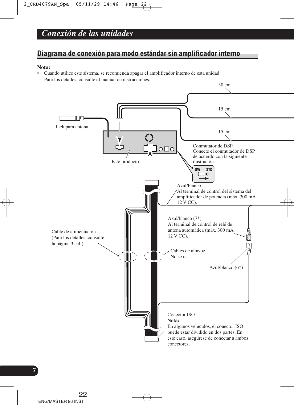 Diagrama de conexión para modo estándar, Sin amplificador interno, Conexión de las unidades | Pioneer DEH-P88RS User Manual | Page 22 / 100
