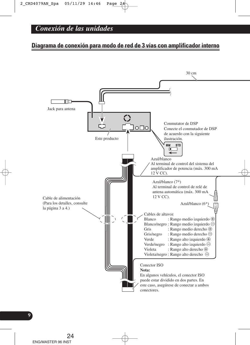 Diagrama de conexión para modo de red, De 3 vías con amplificador interno, Conexión de las unidades | Pioneer DEH-P88RS User Manual | Page 24 / 100