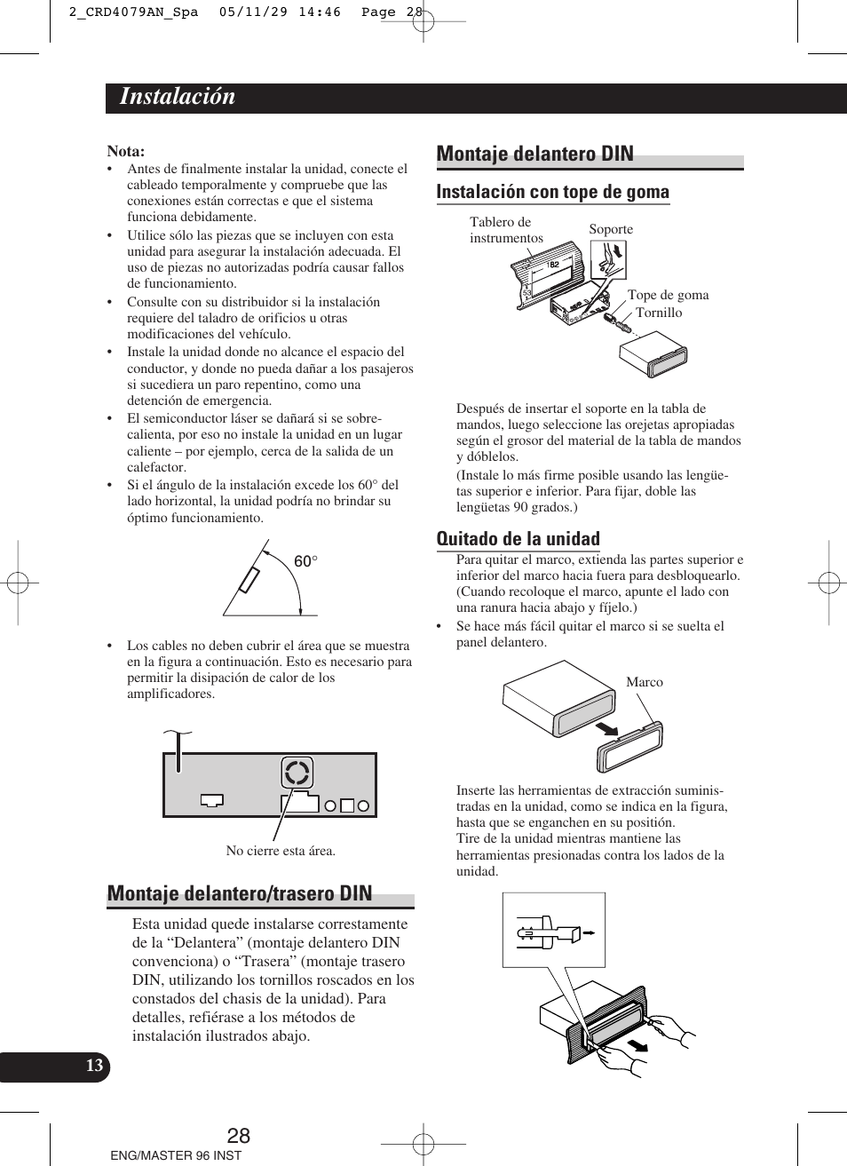 Instalación, Montaje delantero/trasero din, Montaje delantero din | Instalación con tope de goma, Quitado de la unidad | Pioneer DEH-P88RS User Manual | Page 28 / 100