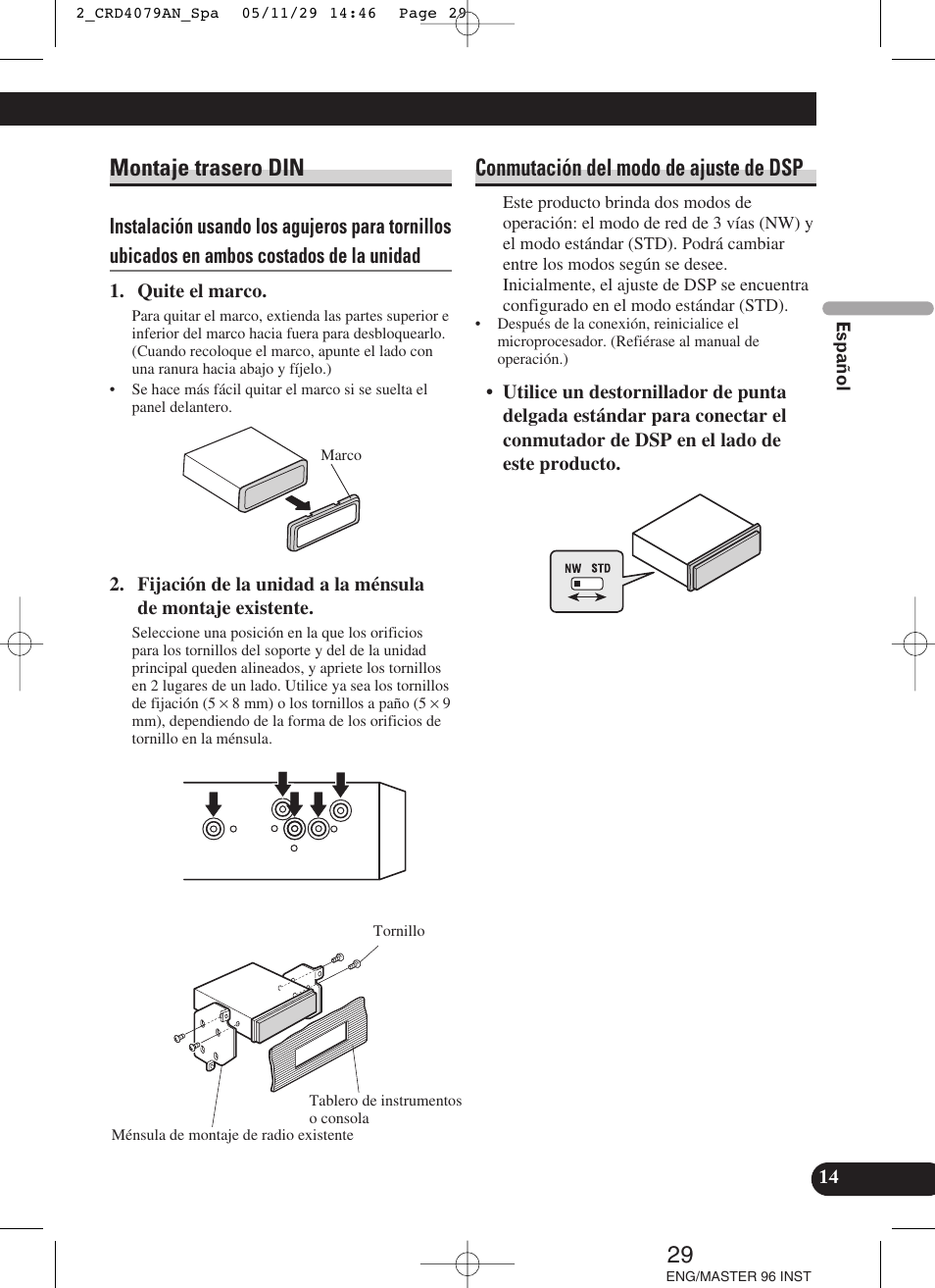 Montaje trasero din, Conmutación del modo de ajuste de dsp | Pioneer DEH-P88RS User Manual | Page 29 / 100