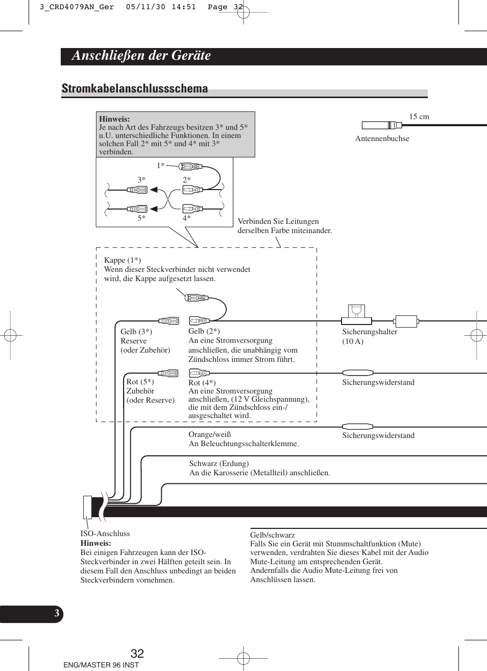 Stromkabelanschlussschema, Anschließen der geräte | Pioneer DEH-P88RS User Manual | Page 32 / 100