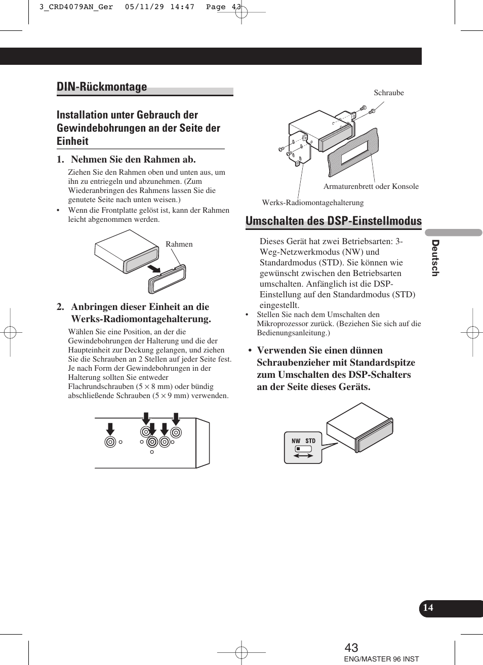 Din-rückmontage umschalten des dsp-einstellmodus, Din-rückmontage, Umschalten des dsp-einstellmodus | Pioneer DEH-P88RS User Manual | Page 43 / 100