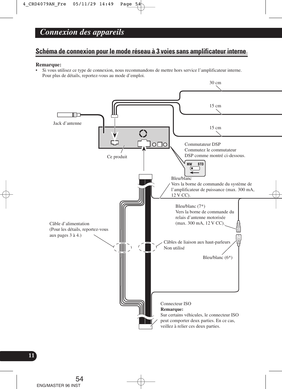 Schéma de connexion pour le mode réseau à 3, Voies sans amplificateur interne, Connexion des appareils | Pioneer DEH-P88RS User Manual | Page 54 / 100