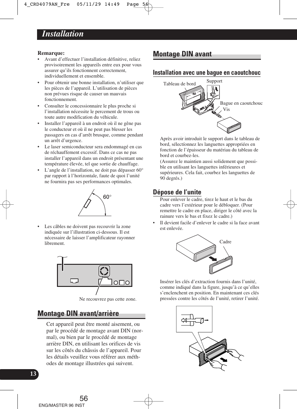 Installation, Montage din avant/arrière montage din avant, Montage din avant/arrière | Montage din avant, Installation avec une bague en caoutchouc, Dépose de l’unite | Pioneer DEH-P88RS User Manual | Page 56 / 100