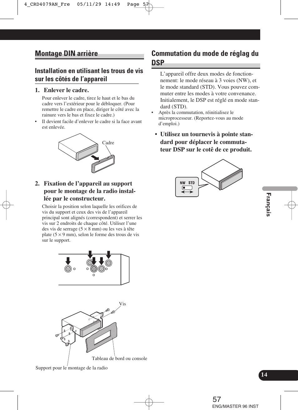 Montage din arrière, Commutation du mode de réglag du dsp | Pioneer DEH-P88RS User Manual | Page 57 / 100