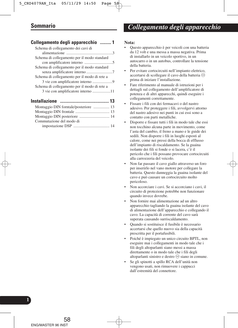 Collegamento degli apparecchio, 58 sommario | Pioneer DEH-P88RS User Manual | Page 58 / 100