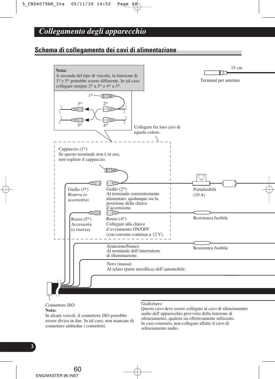 Schema di collegamento dei cavi di, Alimentazione, Collegamento degli apparecchio | Schema di collegamento dei cavi di alimentazione | Pioneer DEH-P88RS User Manual | Page 60 / 100