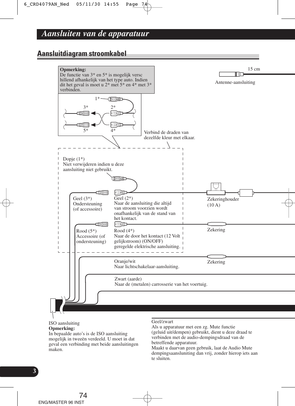 Aansluitdiagram stroomkabel, Aansluiten van de apparatuur | Pioneer DEH-P88RS User Manual | Page 74 / 100