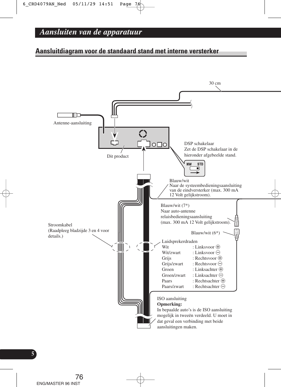 Aansluitdiagram voor de standaard stand, Met interne versterker, Aansluiten van de apparatuur | Pioneer DEH-P88RS User Manual | Page 76 / 100