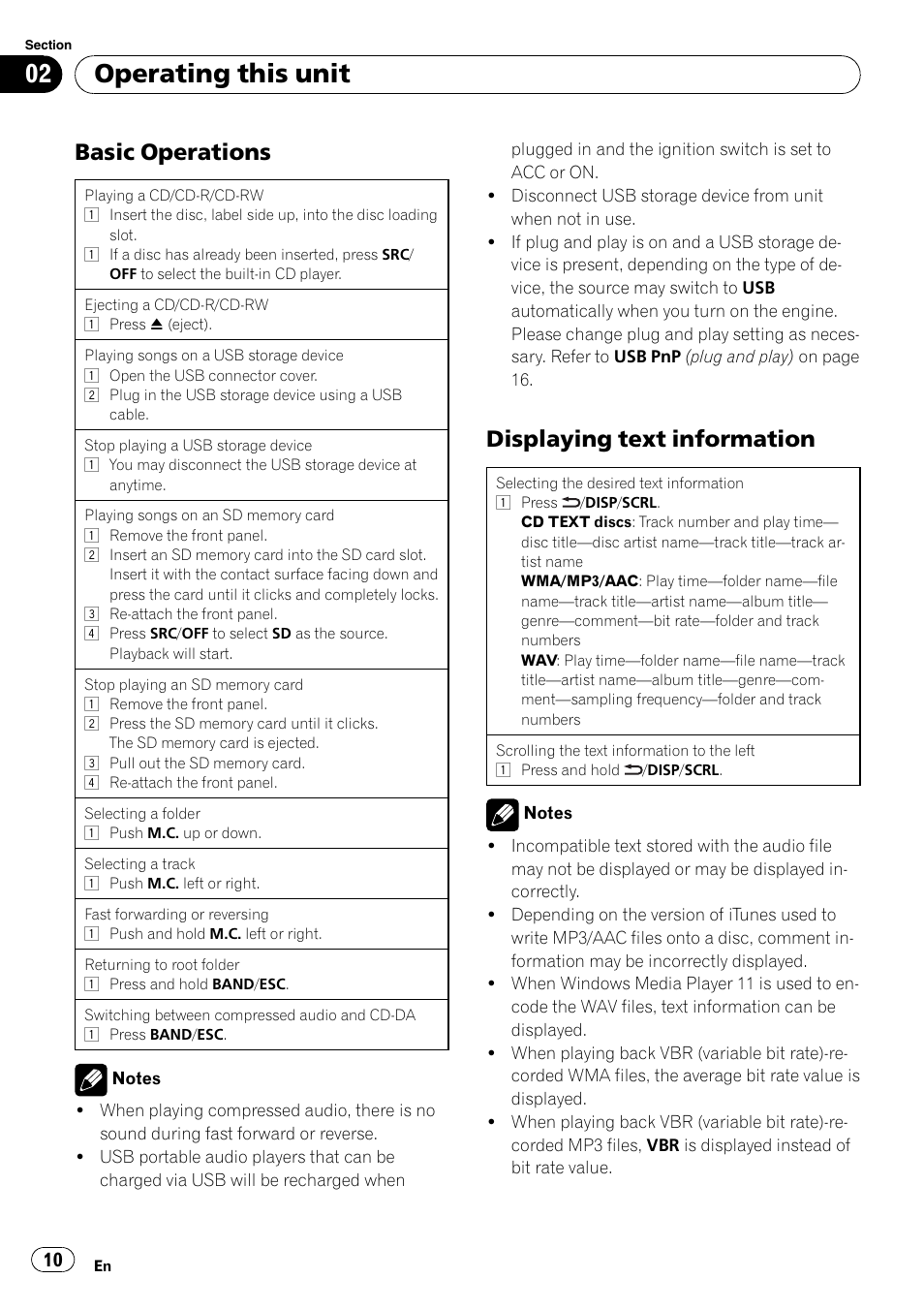 Basic operations 10, Displaying text information 10, Operating this unit | Basic operations, Displaying text information | Pioneer DEH-3200UB User Manual | Page 10 / 116