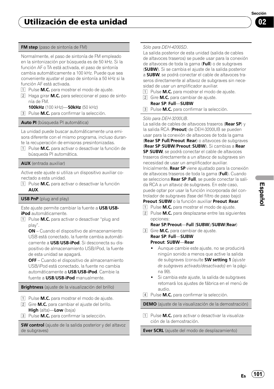 Utilización de esta unidad, Español | Pioneer DEH-3200UB User Manual | Page 101 / 116