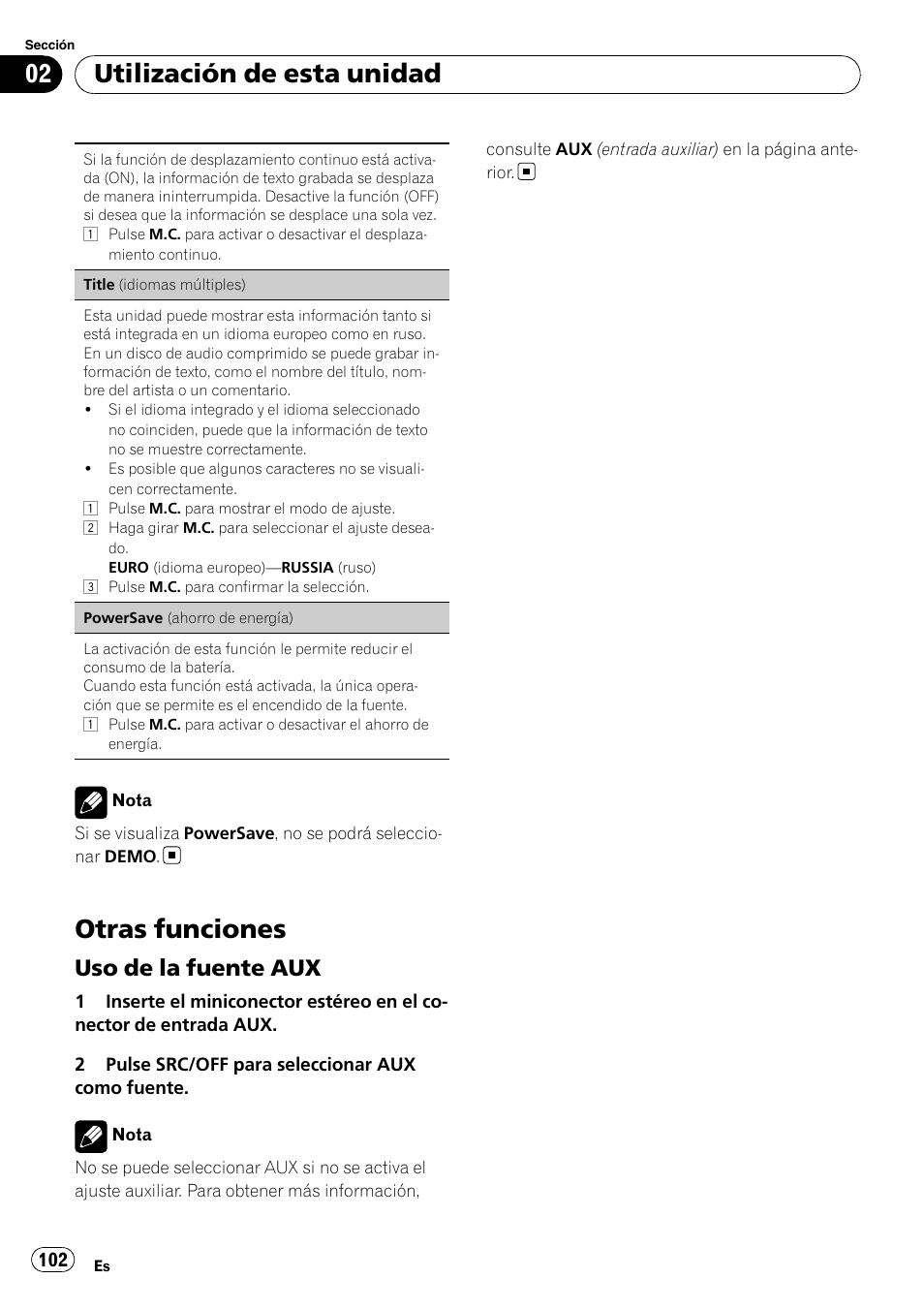 Otras funciones, Uso de la fuente aux 102, Utilización de esta unidad | Uso de la fuente aux | Pioneer DEH-3200UB User Manual | Page 102 / 116