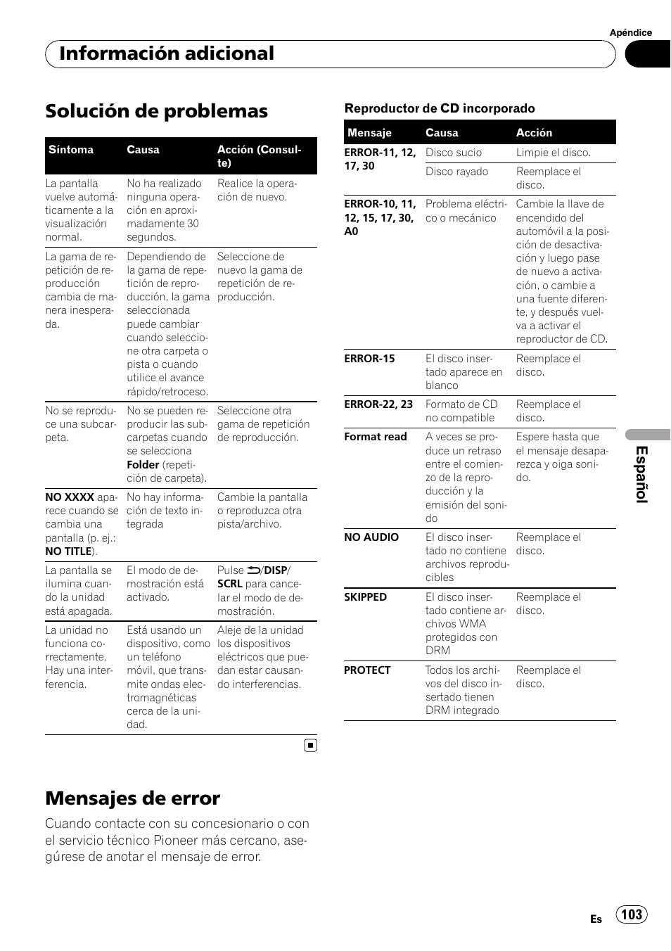 Información adicional solución de problemas, Mensajes de error, Solución de problemas | Información adicional, Español | Pioneer DEH-3200UB User Manual | Page 103 / 116