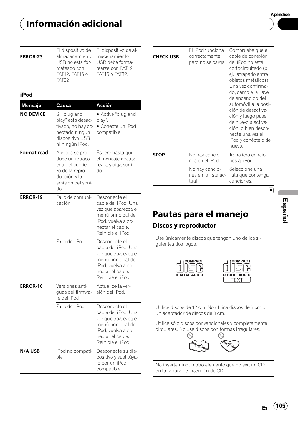 Pautas para el manejo, Información adicional, Español | Pioneer DEH-3200UB User Manual | Page 105 / 116