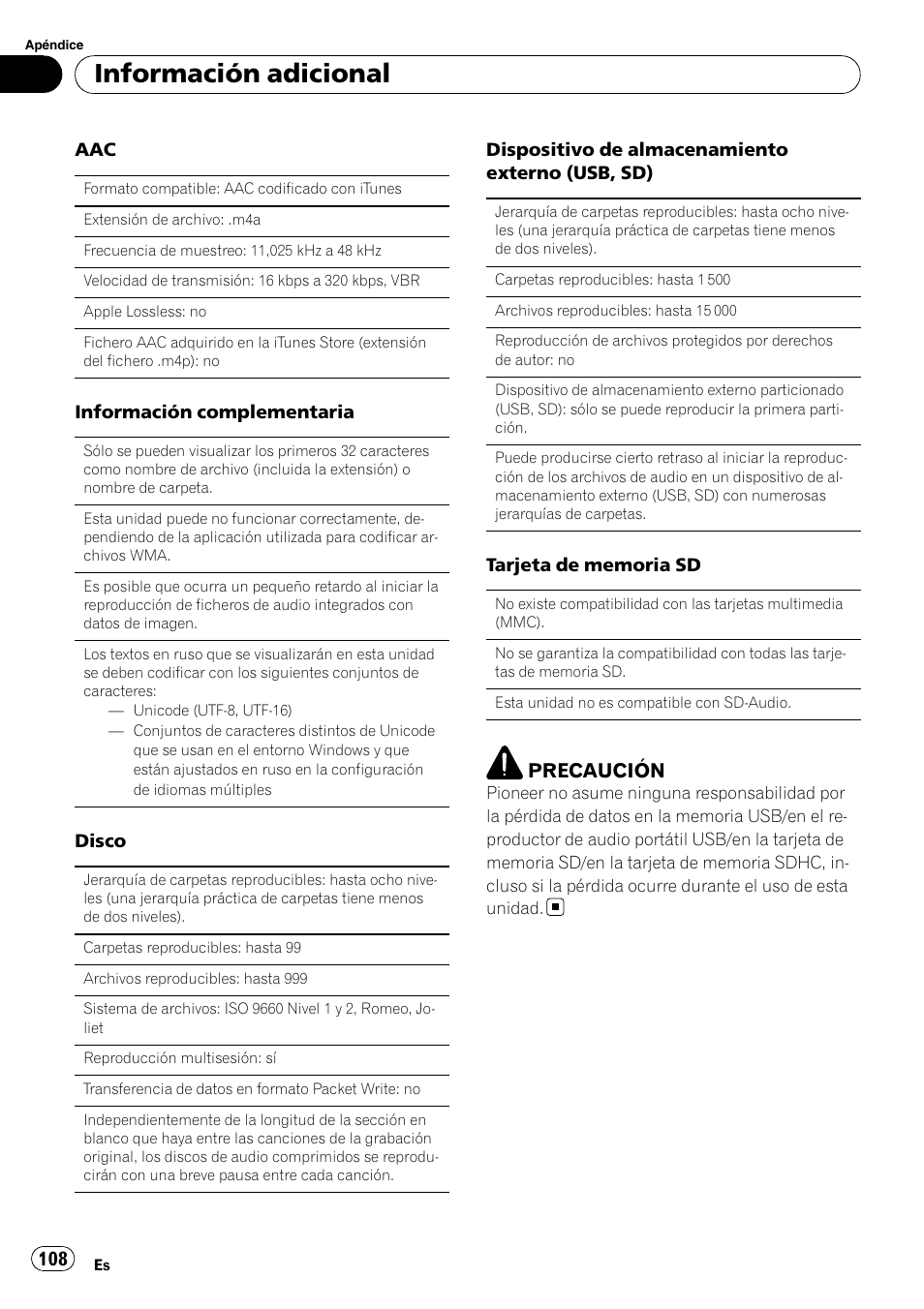 Información adicional, Precaución | Pioneer DEH-3200UB User Manual | Page 108 / 116