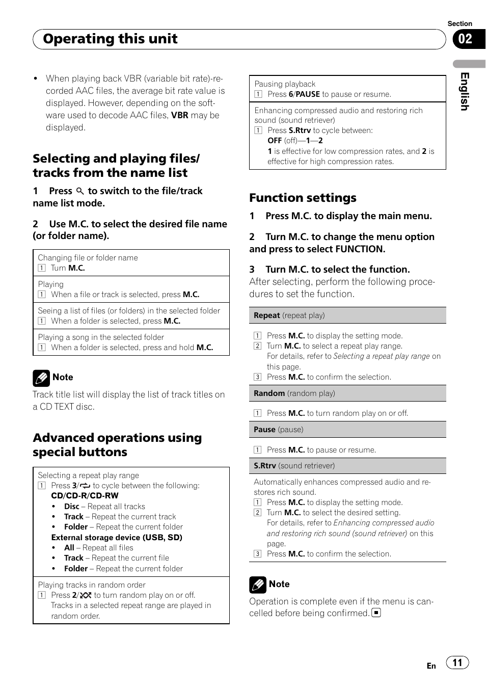 Selecting and playing files/tracks from, The name list, Advanced operations using special | Buttons, Function settings 11, Operating this unit, Advanced operations using special buttons, Function settings, English | Pioneer DEH-3200UB User Manual | Page 11 / 116