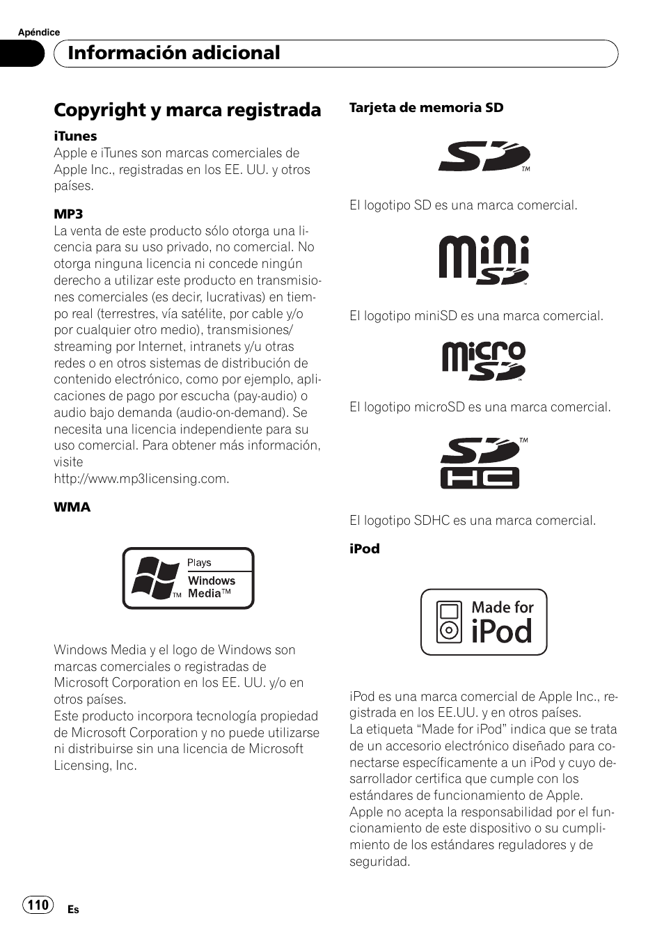 Copyright y marca registrada, Información adicional | Pioneer DEH-3200UB User Manual | Page 110 / 116