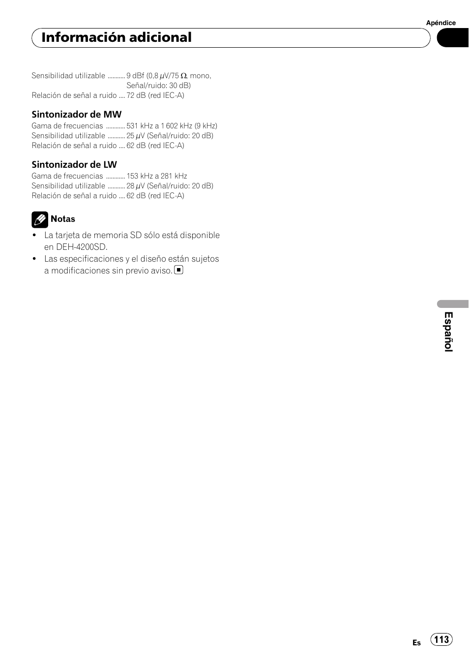 Información adicional, Español | Pioneer DEH-3200UB User Manual | Page 113 / 116