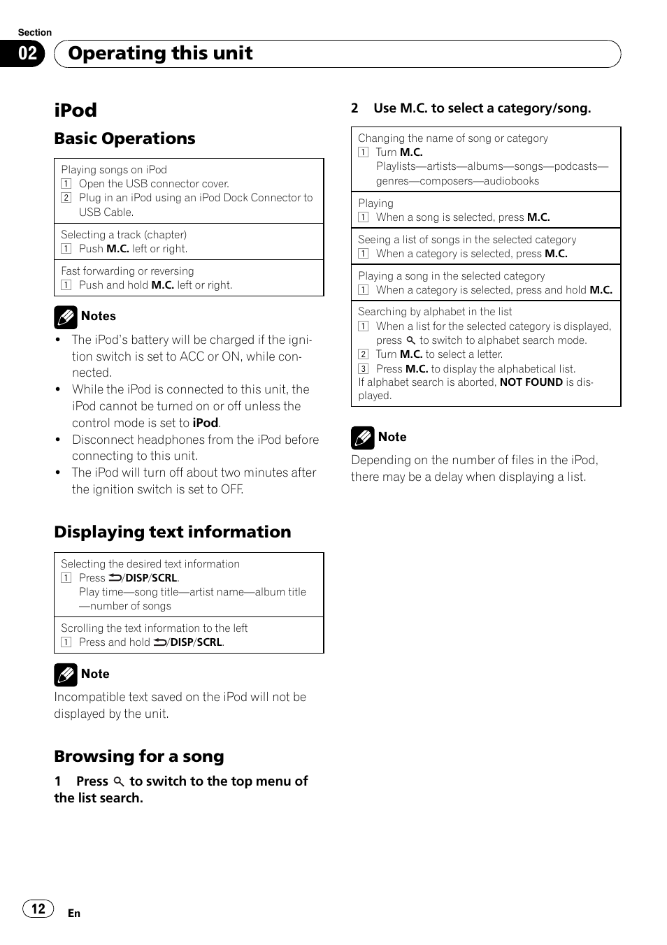 Ipod, Basic operations 12, Displaying text information 12 | Browsing for a song 12, Operating this unit, Basic operations, Displaying text information, Browsing for a song | Pioneer DEH-3200UB User Manual | Page 12 / 116