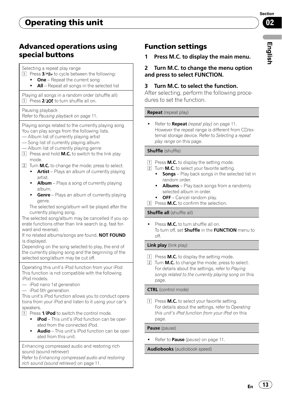 Advanced operations using special, Buttons, Function settings 13 | Operating this unit, Advanced operations using special buttons, Function settings, English | Pioneer DEH-3200UB User Manual | Page 13 / 116