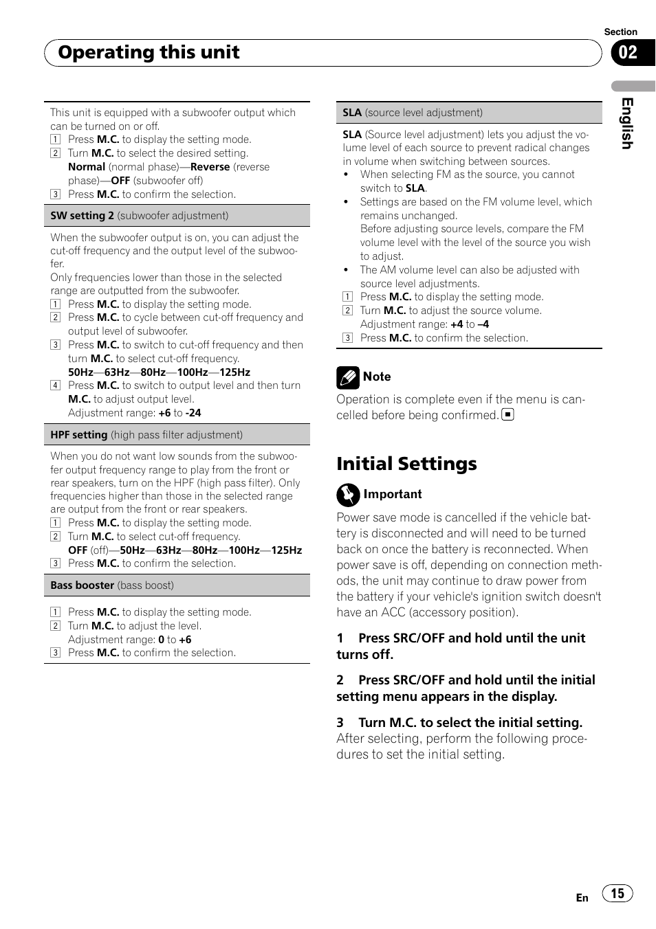 Initial settings, Operating this unit, English | Pioneer DEH-3200UB User Manual | Page 15 / 116