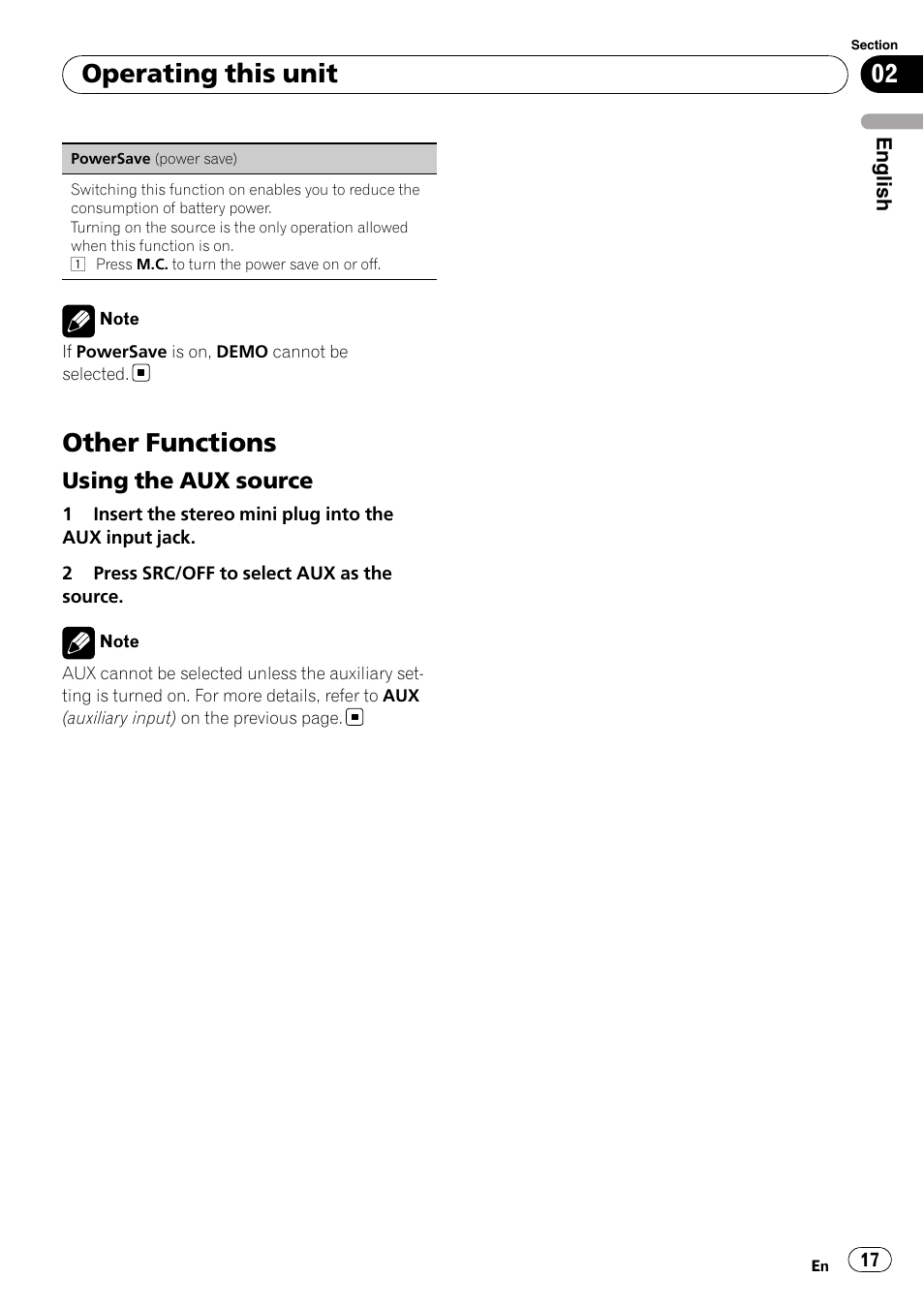 Other functions, Using the aux source 17, Operating this unit | Using the aux source | Pioneer DEH-3200UB User Manual | Page 17 / 116