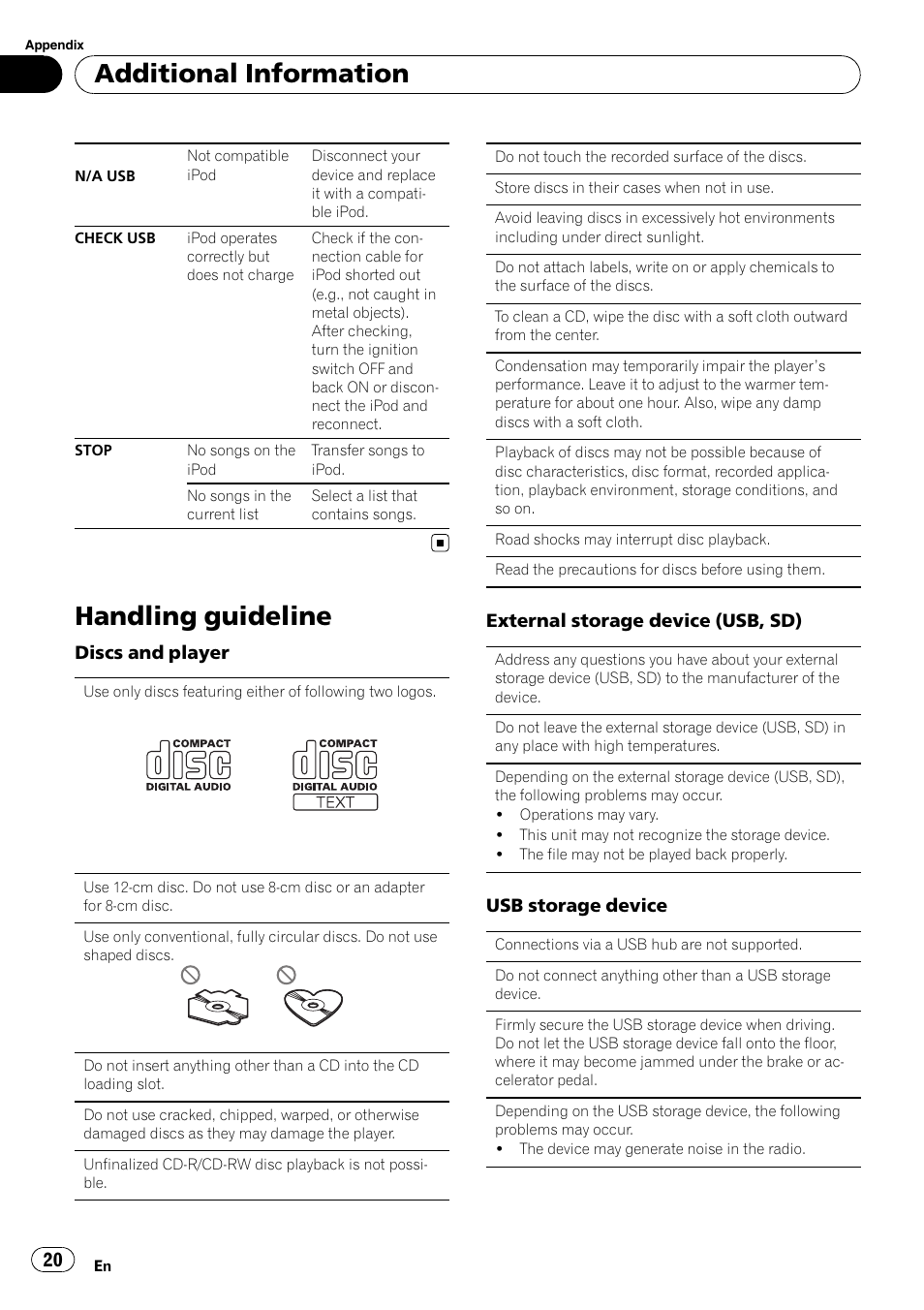 Handling guideline, Additional information | Pioneer DEH-3200UB User Manual | Page 20 / 116