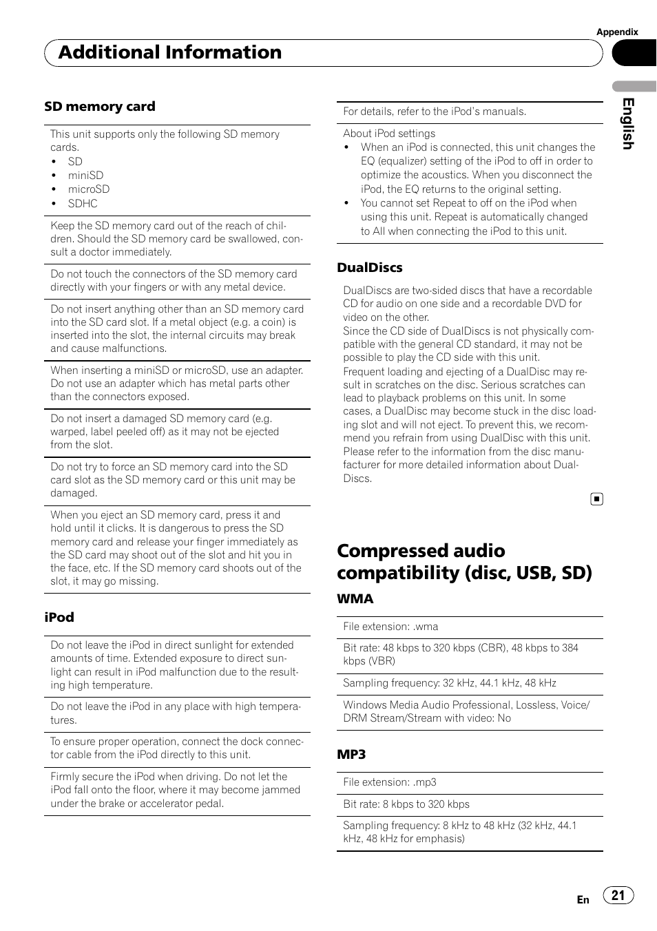 Compressed audio compatibility (disc, usb, Compressed audio compatibility (disc, usb, sd), Additional information | English | Pioneer DEH-3200UB User Manual | Page 21 / 116