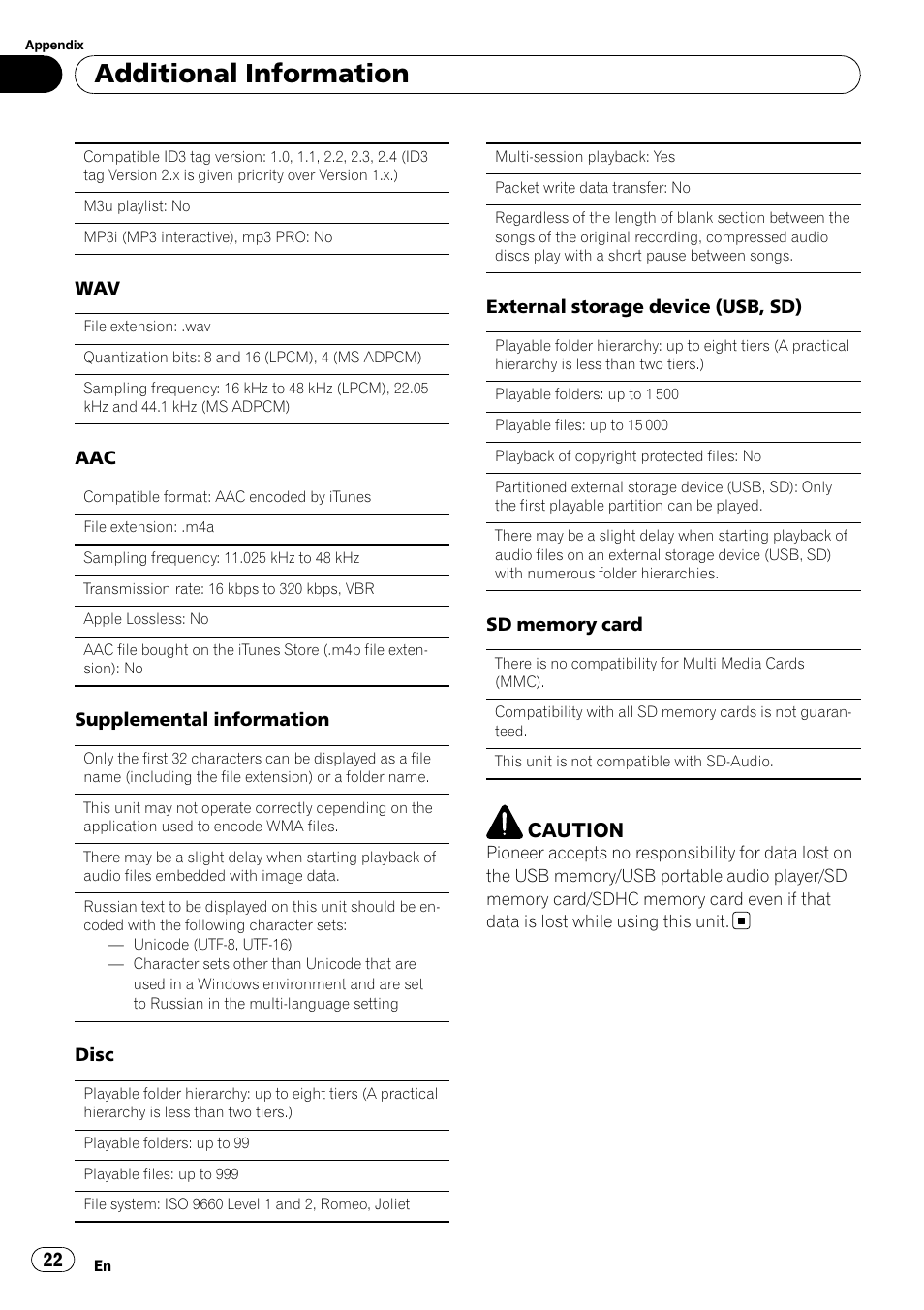 Additional information, Caution | Pioneer DEH-3200UB User Manual | Page 22 / 116